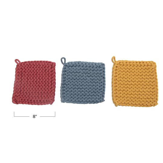 Hello Honey® Pink, Blue & Yellow Square Cotton Crocheted Potholder Set